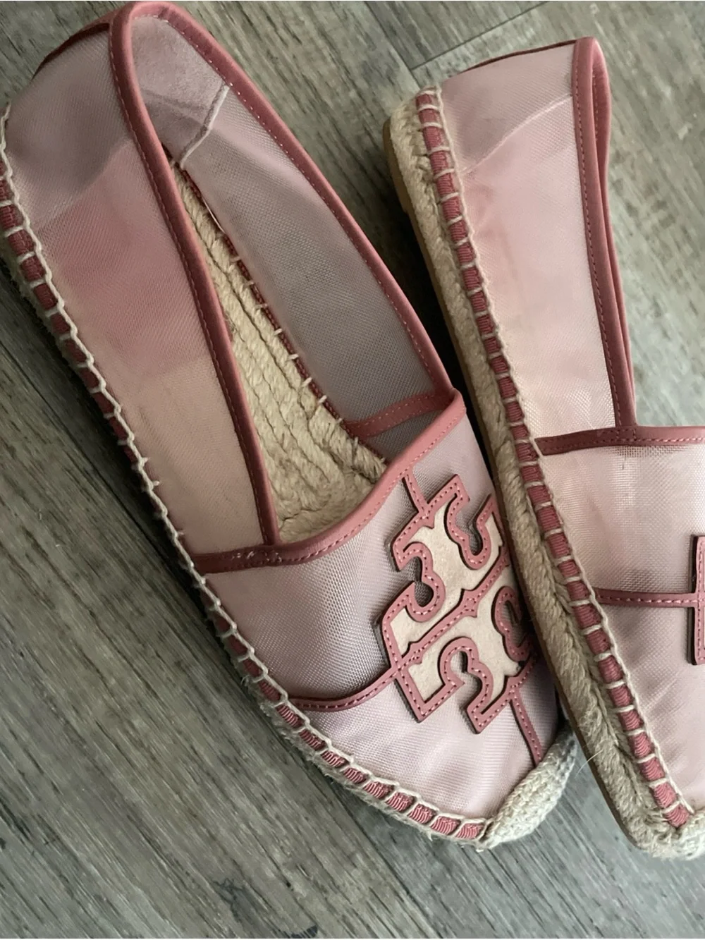 Tory Burch Ines Espadrille Mesh/Calf Leather/Silk Suede in Seashell Pink US 8